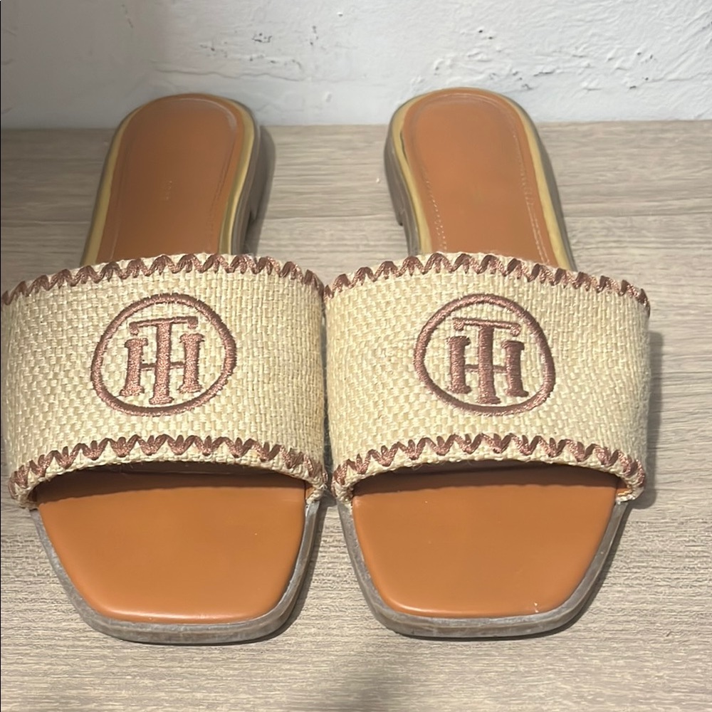 Tommy Hilfiger Tan and Brown Slide Sandals